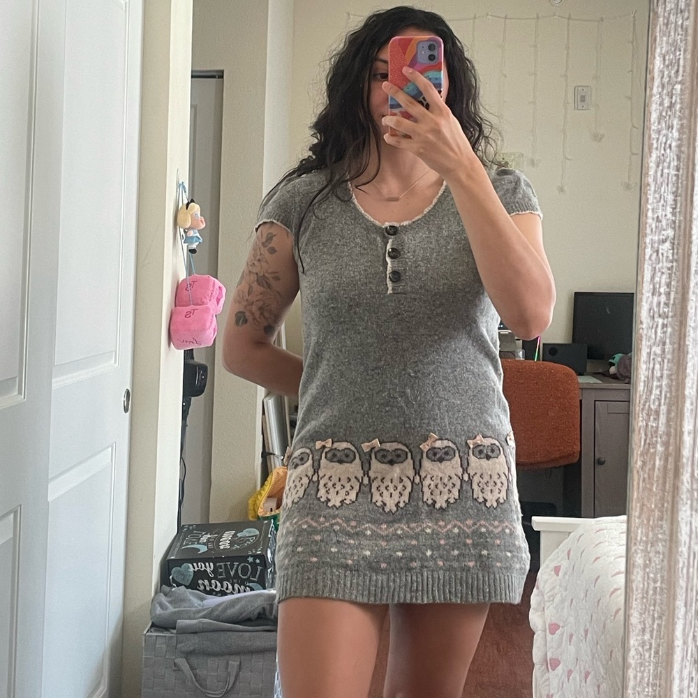 Knit & Co Gray Knit Dress with Owls